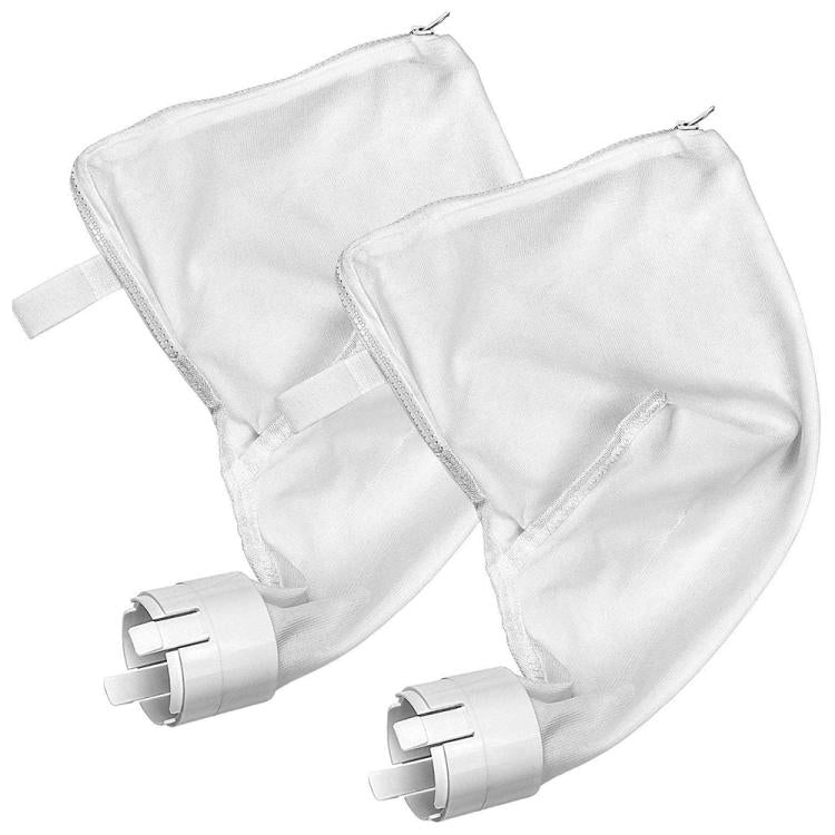 Two white mesh pool filter bags with plastic connector caps