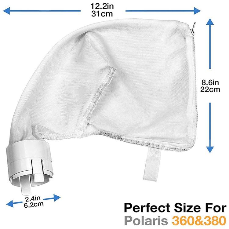 White mesh pool filter bag with reinforced opening and plastic connector