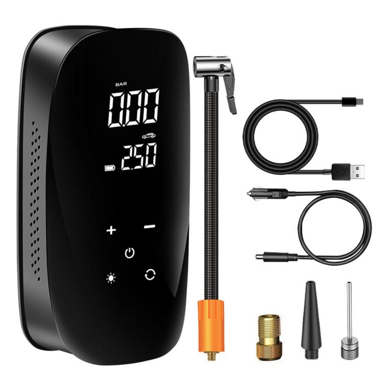 Black portable digital tire air pump with dual screen display and control buttons