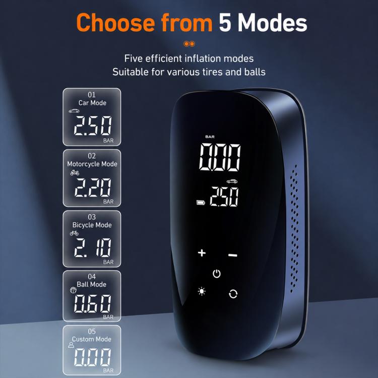 Portable car air pump with digital screen and five-mode selection display panel