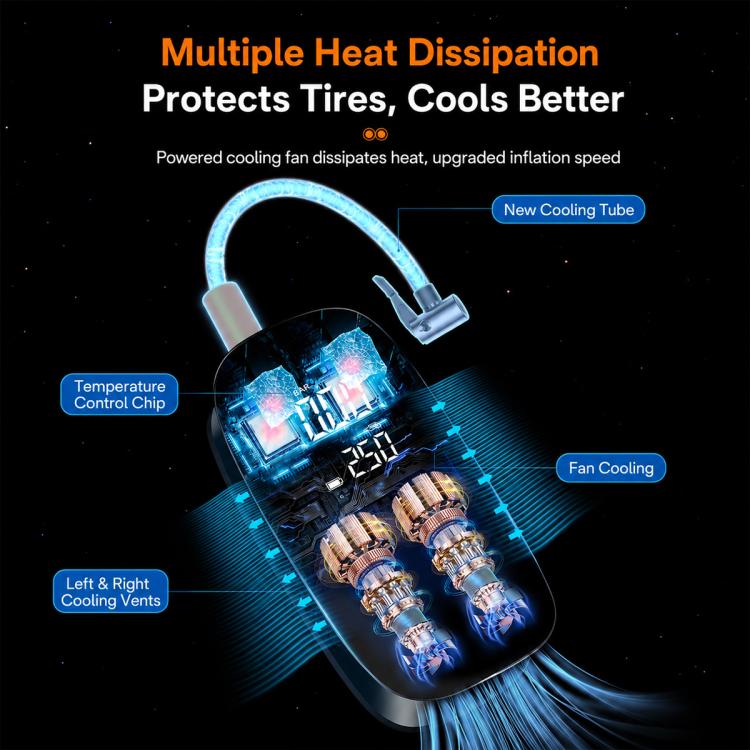 Black portable digital tire inflator with connected hose and on-screen pressure display