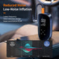 Black portable digital tire air pump with hose connected and pressure shown on display
