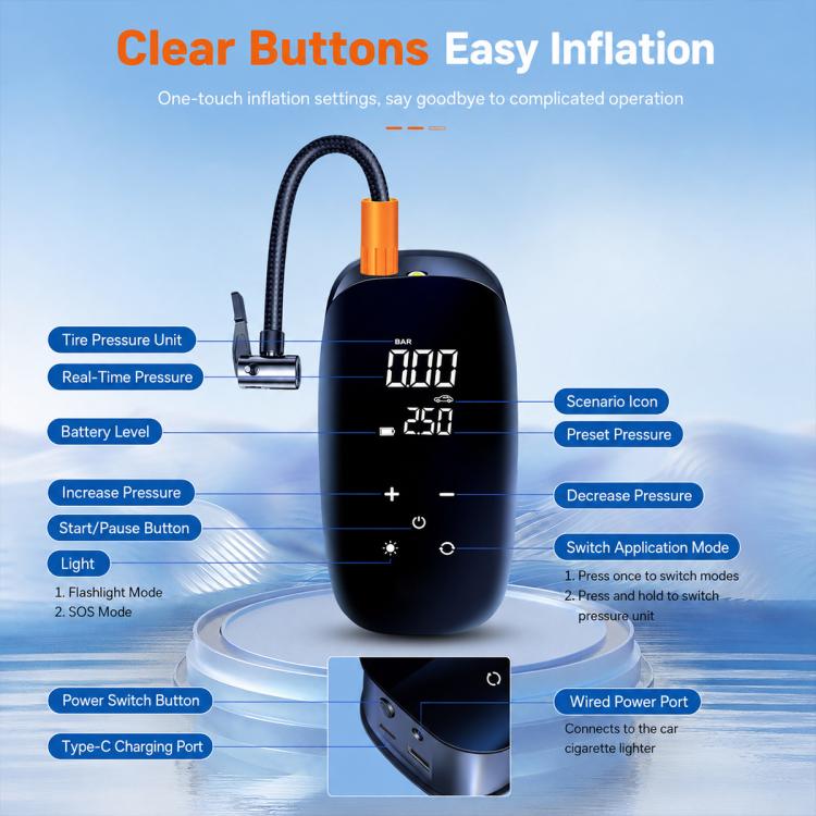 Black digital tire inflator with button controls, dual display, and Type-C charging port