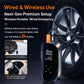 Black wireless portable tire air pump with orange power tip, hose, and pressure display