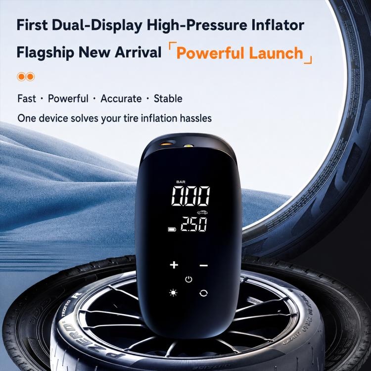 Black portable digital tire inflator with front dual display showing pressure values