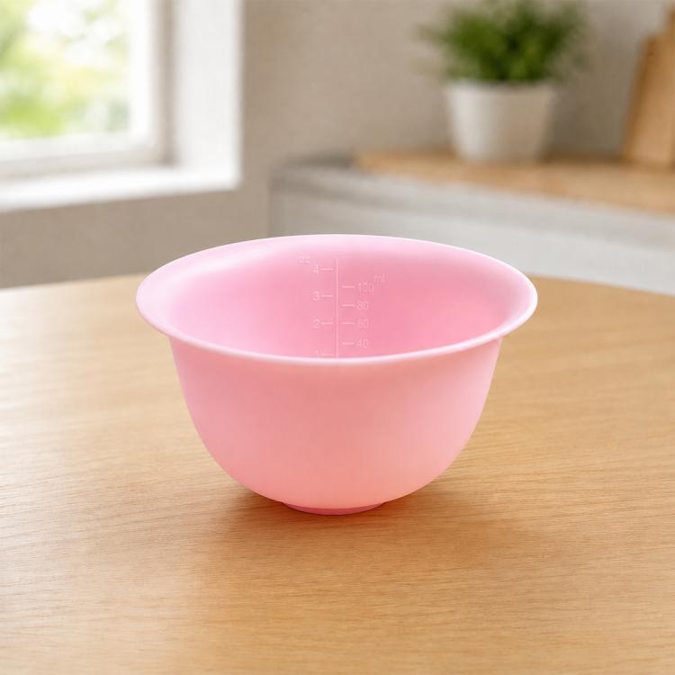 Soft silicone facial mask mixing bowl, pink, with measuring scale markings