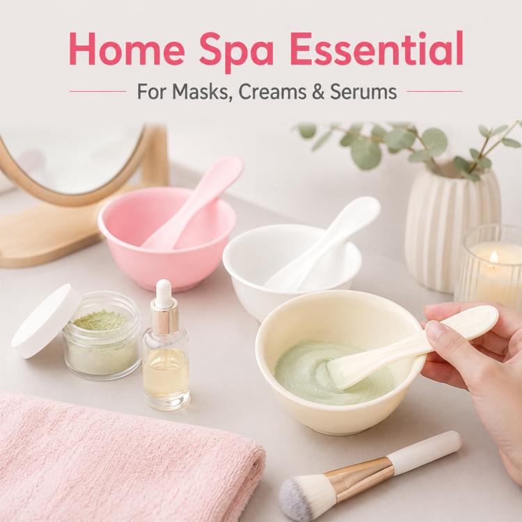 Set of soft silicone facial mask mixing bowls with spatulas in pink, white, and beige