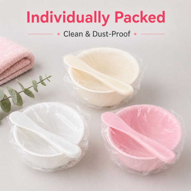 Individually packaged TPE soft silicone facial mask mixing bowls in white, pink, and beige