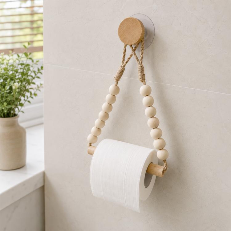 Wooden beaded toilet paper holder with round top cap and jute rope hang