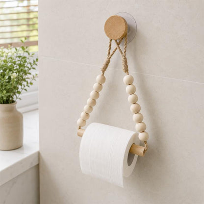 Wooden beaded toilet paper holder with round top cap and jute rope hang