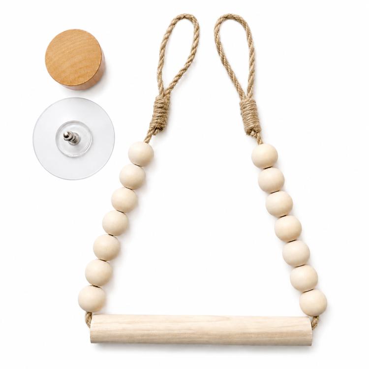 Wooden beaded towel rack with circular mounting plate and hanging bead garland