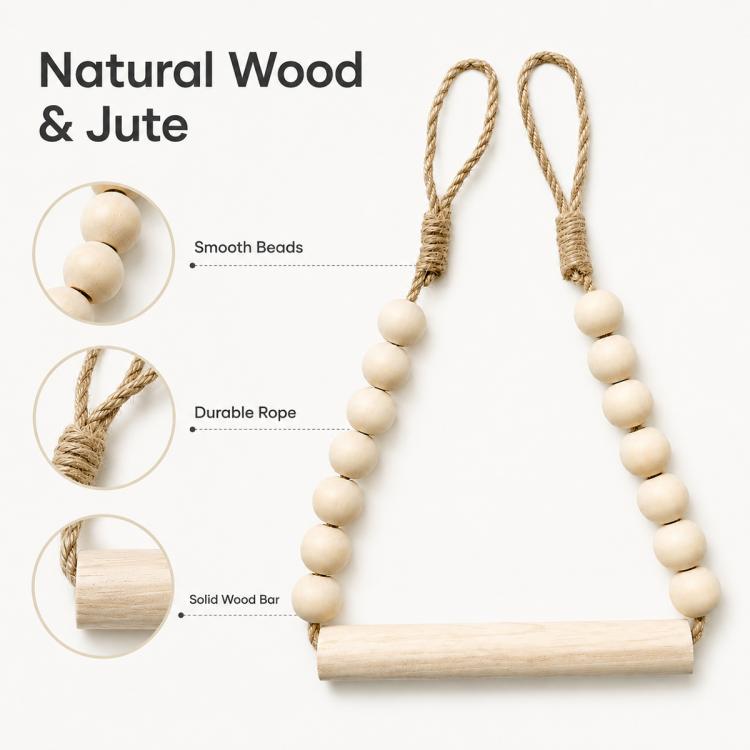 Wooden beaded toilet paper holder with smooth round beads and wooden bar