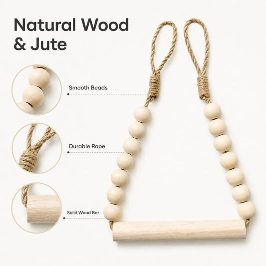 Wooden beaded toilet paper holder with smooth round beads and wooden bar