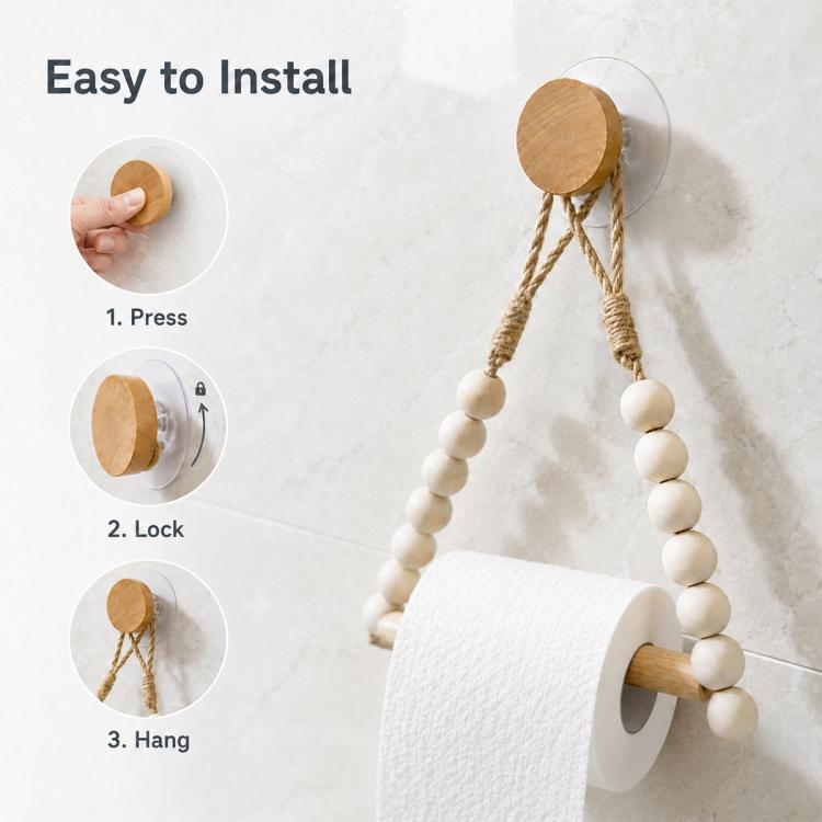 Wall-mounted wooden beaded holder with jute cord loops for easy installation