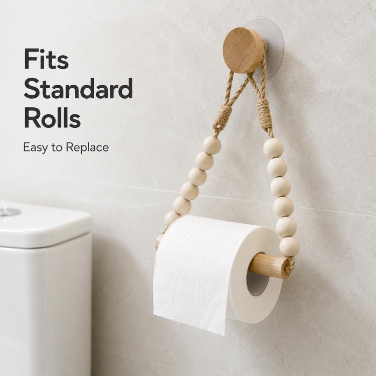Wooden beaded toilet paper holder with wooden bar and roll-holding support