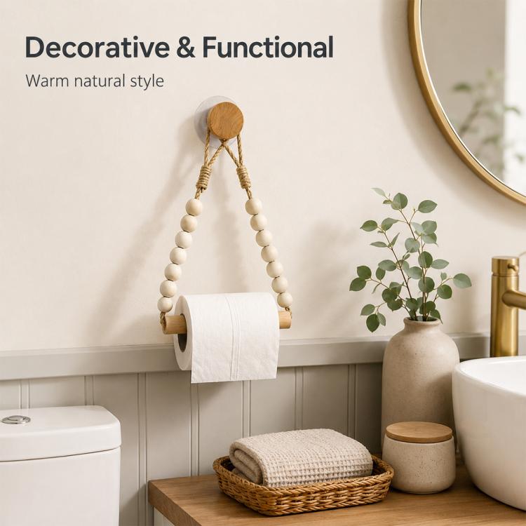 Decorative wooden beaded toilet paper holder with jute rope and roller bar