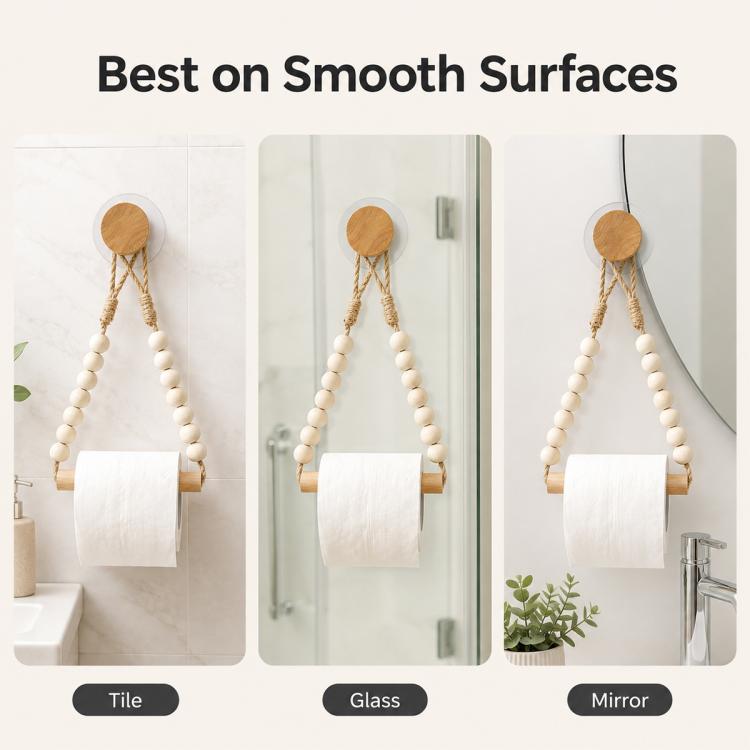 Wooden beaded toilet paper holder with jute rope loops for wall mounting