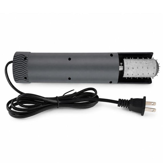 Gray handheld electric coconut scraper with serrated drum and power cord with 3-pin plug