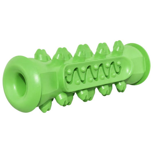 Green bone-shaped dog teething chew toy with ridged cleaning channel and jagged nubs.