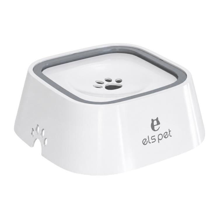 White pet water bowl with gray floating plate, paw icon, and els pet logo.