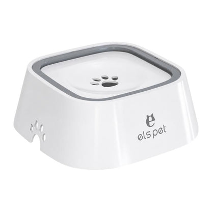White pet water bowl with gray floating plate, paw icon, and els pet logo.