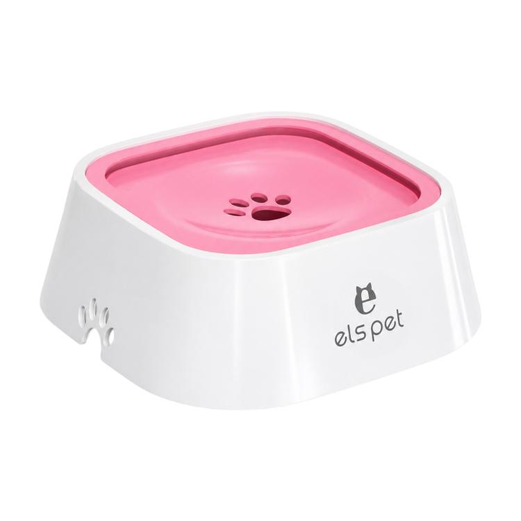White pet water bowl with pink floating plate, paw icon, and els pet logo.