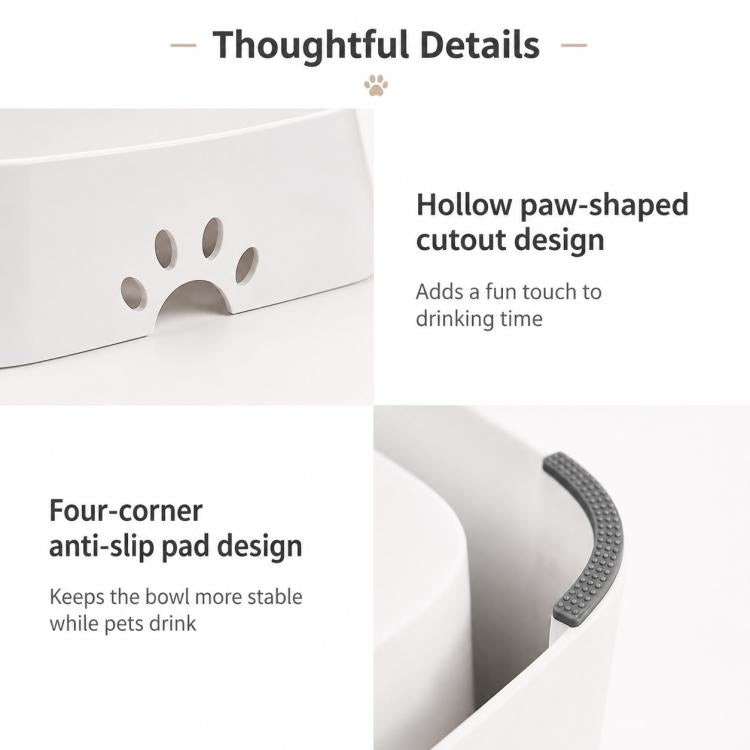 White pet water bowl with hollow paw-shaped cutout on the rim.