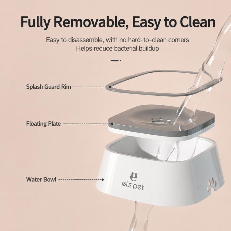 Pet water bowl with removable floating plate and splash guard rim, els pet logo.