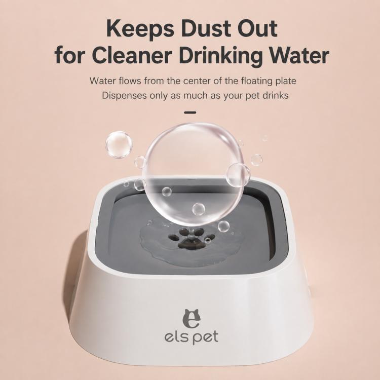 No-wet pet water bowl with floating plate, white base and dark tray
