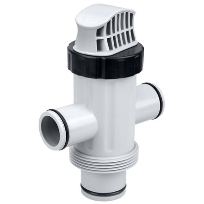 Pool plunger valve with vented top and two barbed hose ports, gray and black