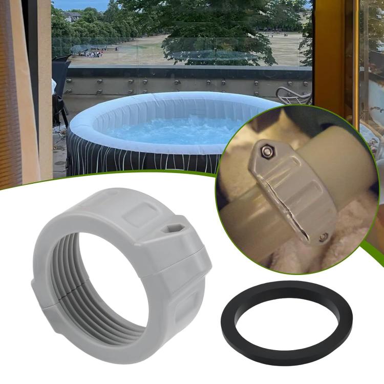 Grey pool connector fitting with black washer gasket and metal threaded insert