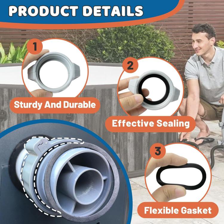 Pool connector gasket and threaded fitting, shown in cross-section (grey, black)