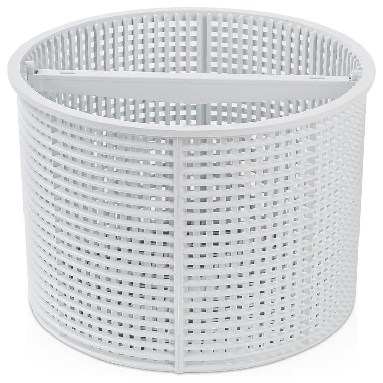 White pool skimming filter basket with perforated sidewall and top rim