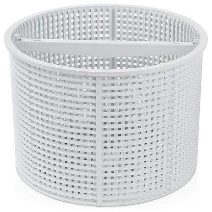White pool skimming filter basket with perforated sidewall and top rim