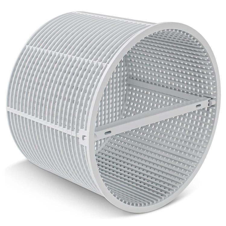 White pool skimming filter basket, side view with slotted handle bar