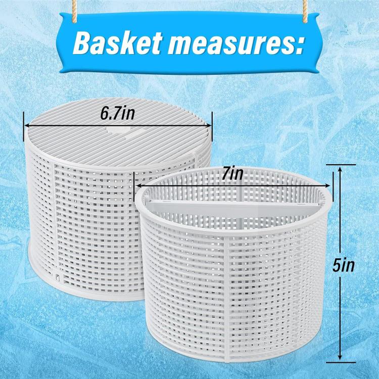 Two-piece set of white pool skimming filter baskets, round perforated design