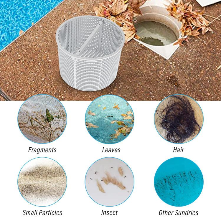 White pool skimming filter basket with basket debris filter performance icons