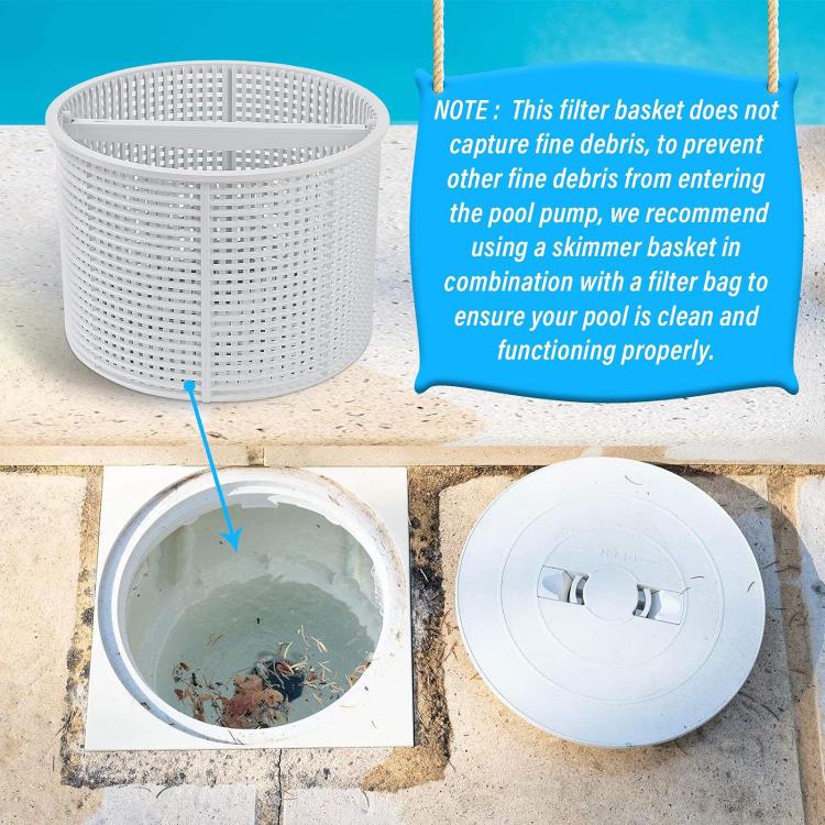 White pool skimming filter basket next to pool skimmer opening for debris filtering