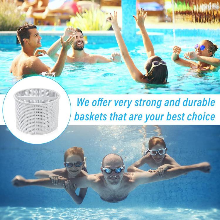 White pool skimming filter basket shown in use with swimmers in pool background