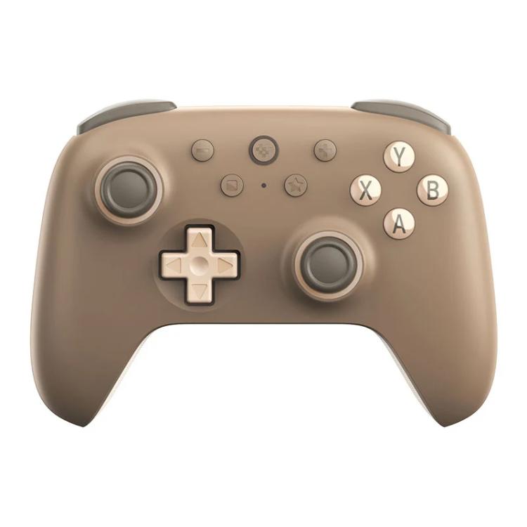 Dark brown wireless game controller with D-pad, face buttons, and dual analog sticks