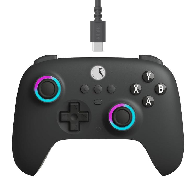 Black wired gaming controller with purple and blue glowing RGB thumbstick rings