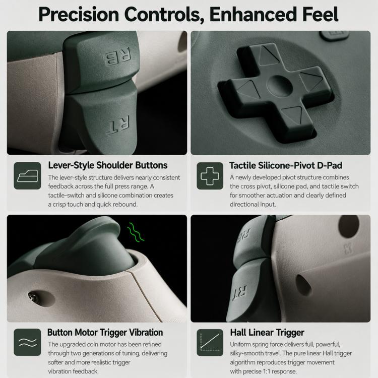 Gray wired gaming controller showing shoulder buttons, D-pad, and RGB thumb detail