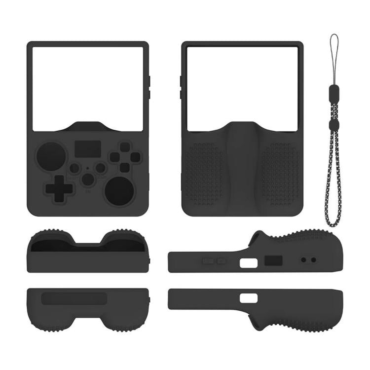 Black silicone protective case for handheld game console, with lanyard cord