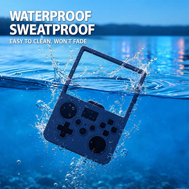 Blue silicone protective case for handheld console shown underwater