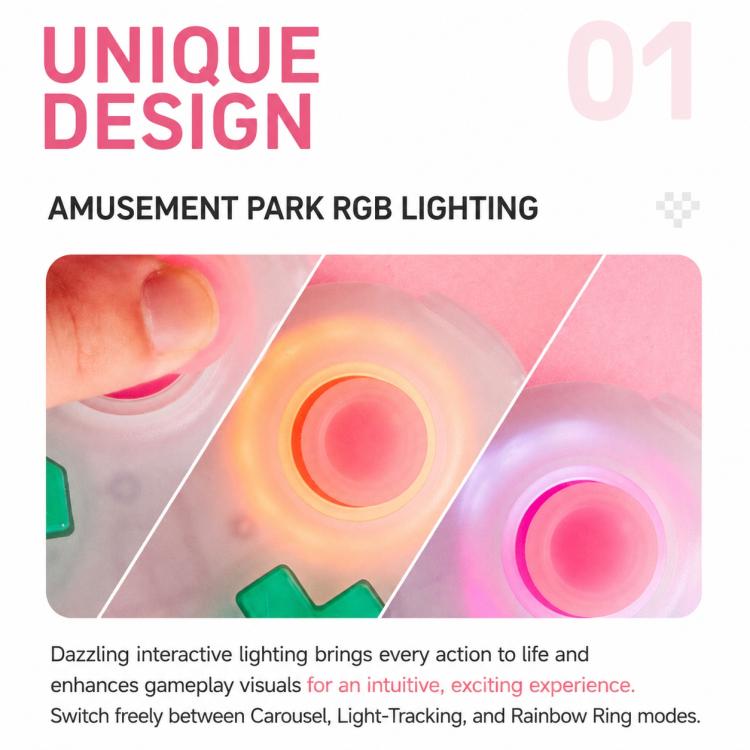 Close-up of RGB-lit translucent controller buttons and thumbstick on gaming controller