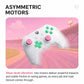 Translucent white wired gaming controller with green D-pad and RGB-lit buttons