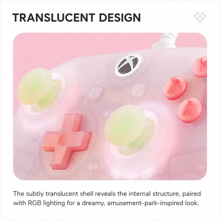Translucent wired gaming controller showing internal structure through shell