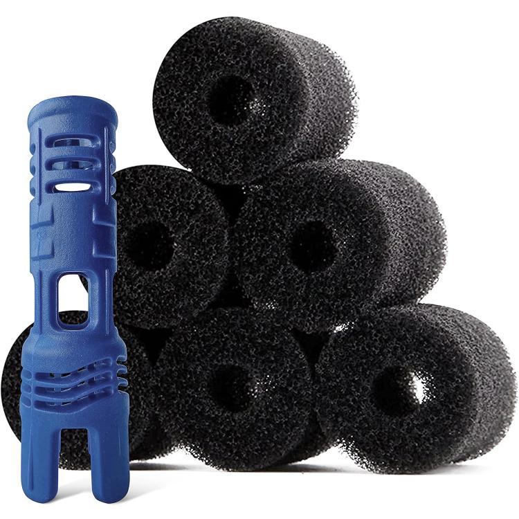 Black foam scrubber sponges with blue plastic support for pool tail sweep cleaning