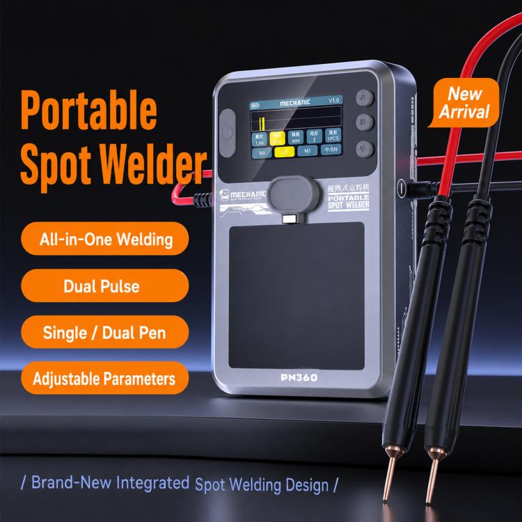 Portable spot welder unit with front control panel and connected welding pen cables