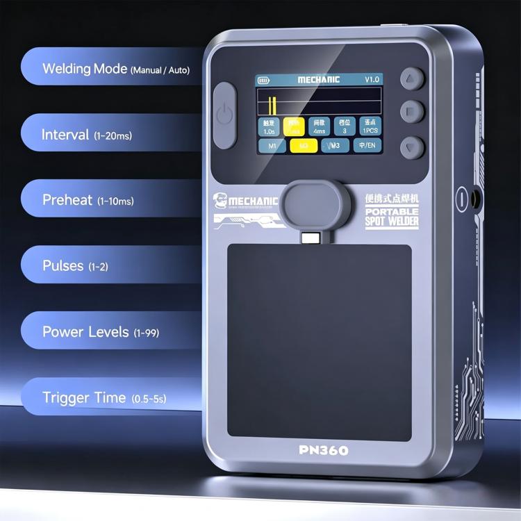 Portable spot welder with touchscreen-style control panel and large display window